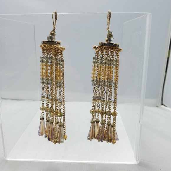 Ali Khan champagne clear ripple long fringe glass bead earring - Picture 1 of 6